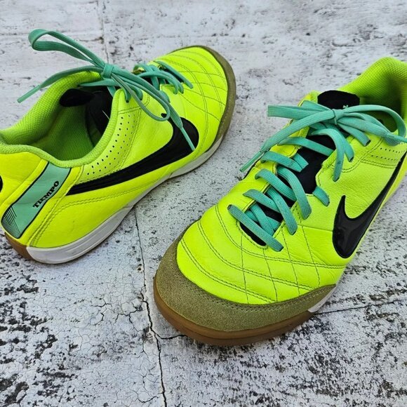 Nike Men Shoes Tiepmo Neon Green Sneaker Lace Up Leather Soccer Shoes Size 7.5 - Picture 2 of 11
